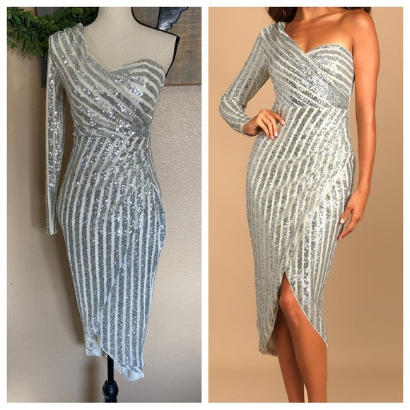 NWOT Lulus Elegant Occasion Silver Sequin One-Shoulder Midi Dress - Picture 1 of 11